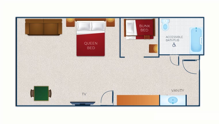 The floor plan for the Wolf Den Suite (Accessible Bathtub) 